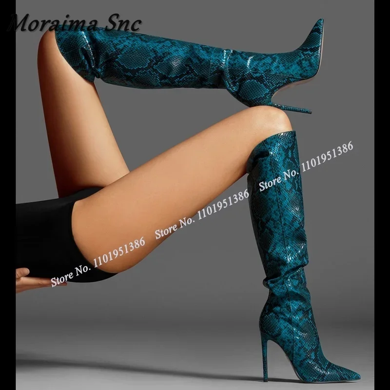 

Moraima Snc Brown Snakeskin Print Boots Slip on Knee High Pointed Toe Stiletto Shoes for Women High Heels Boot Zapatillas Mujer