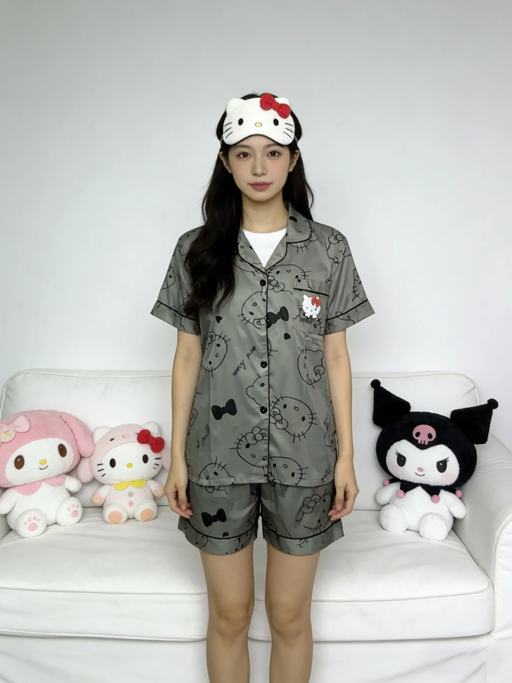 Hello Kitty Spring/Summer New Short-Sleeve Pajama Set, Gray Loungewear, Festival Gift, Bestie Outfit, Party Wear