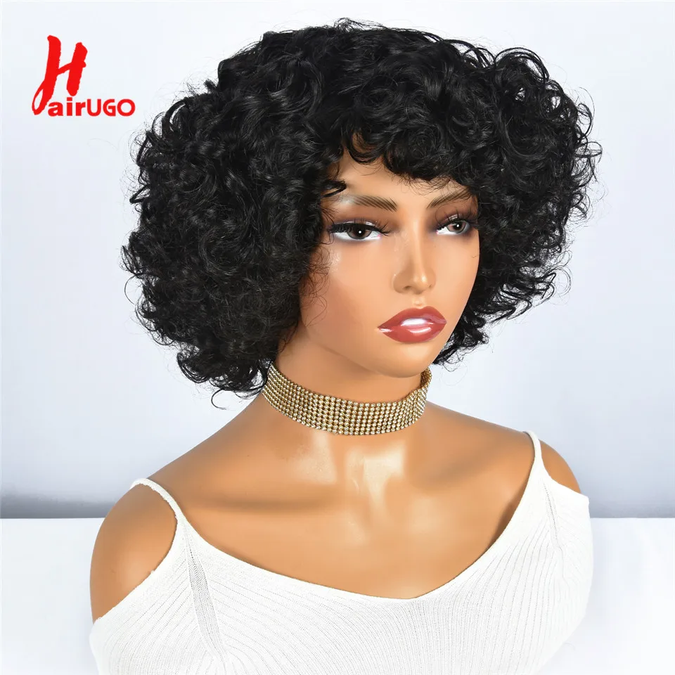 Highlight Lockige Pixie-Cut-Perücken aus Echthaar, Kleberlose Perücken mit Pony, Vollständig maschinell gefertigte Perücken mit Pony, Echthaarperücken Hairugo – Detail 12