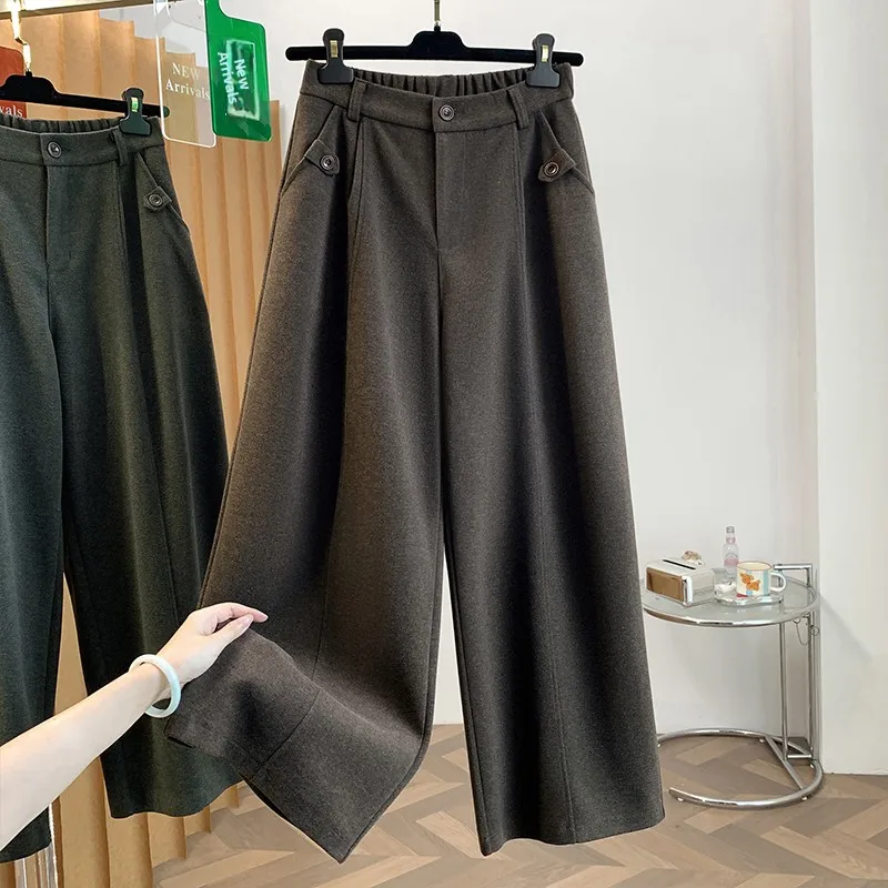 Korean Style Wide Leg Pants Women's Autumn Winter New Loose Slim High Waist Casual Long Trousers Woolen Material Button Detail