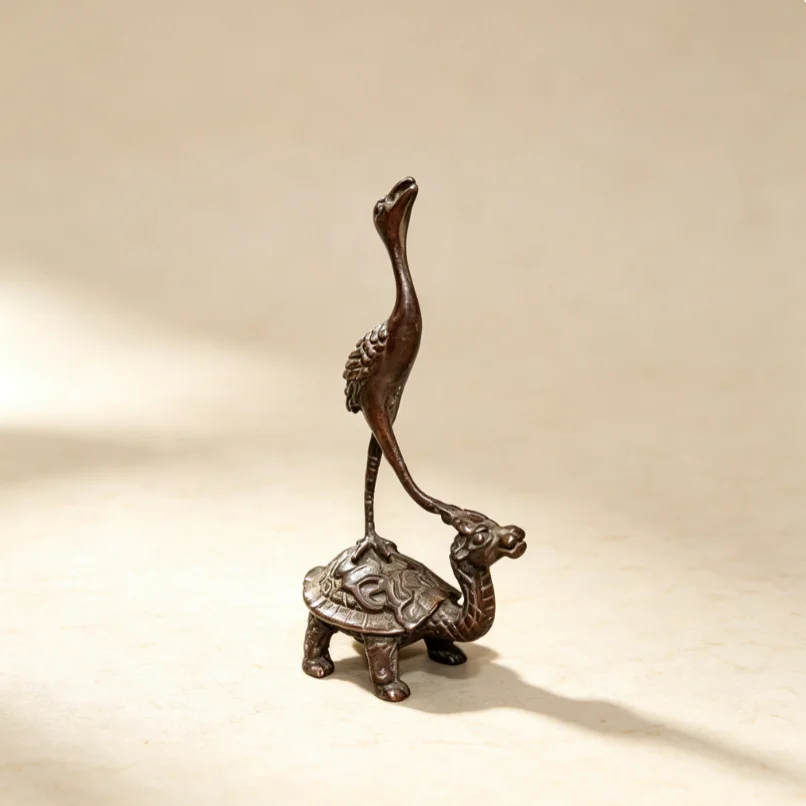 Antique Solid Bronze Crane Turtle Figurine, Chinese Vintage Desktop Decor Tea Ceremony Table Ornament Oriental Collectible