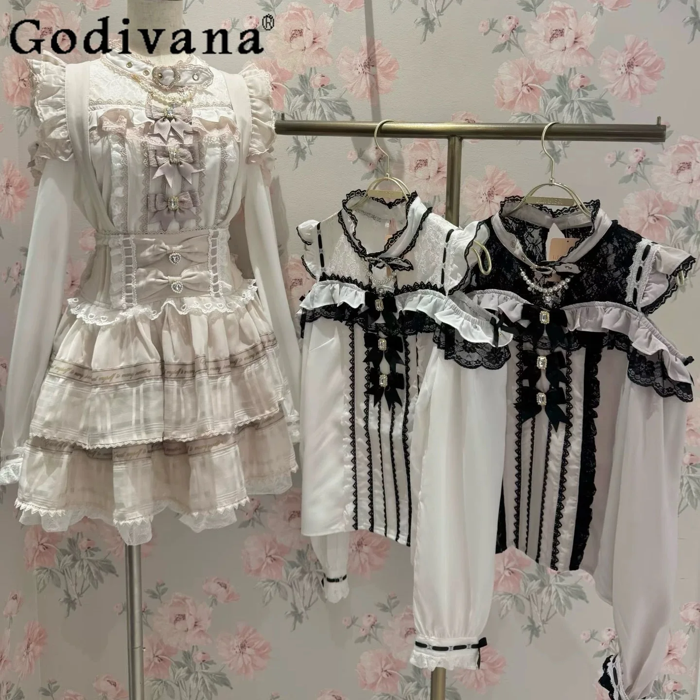 ليز قميص الفتيات اليابانية الحلو لطيف القوس اللؤلؤ سلسلة لوليتا بلوزات طويلة الأكمام المرأة الحلو خارج الكتف Blusas De Mujer #1