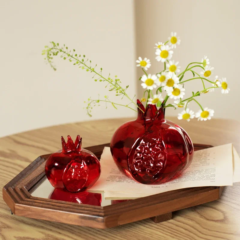 2/1Pcs Mini Pomegranate Glass Vase For Hydroponic Base Station Cuttings Modern Home Decoration Red Flower Vase Tabletop Ornament