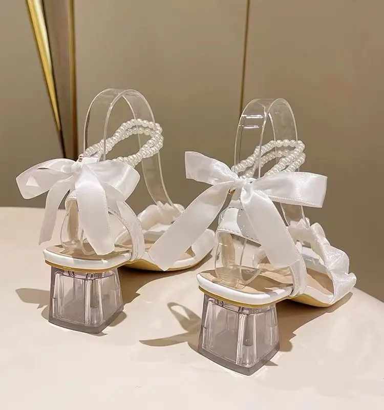 

Elegant Women's Crinkle Texture Sandals with Pearl Ankle Strap Clear Chunky HeelSummer FootwearElegant Style Wedding Party Pumps