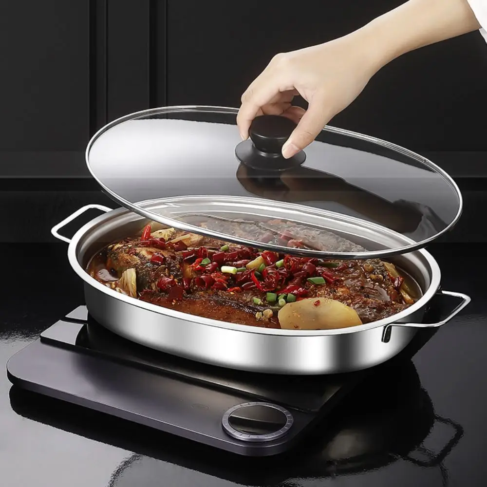 Stainless Steel Oval Grilled Fish Pan Deepened Large Capacity Fish Steamer with Handle Rust-proof Barbecue Grill Pan Home