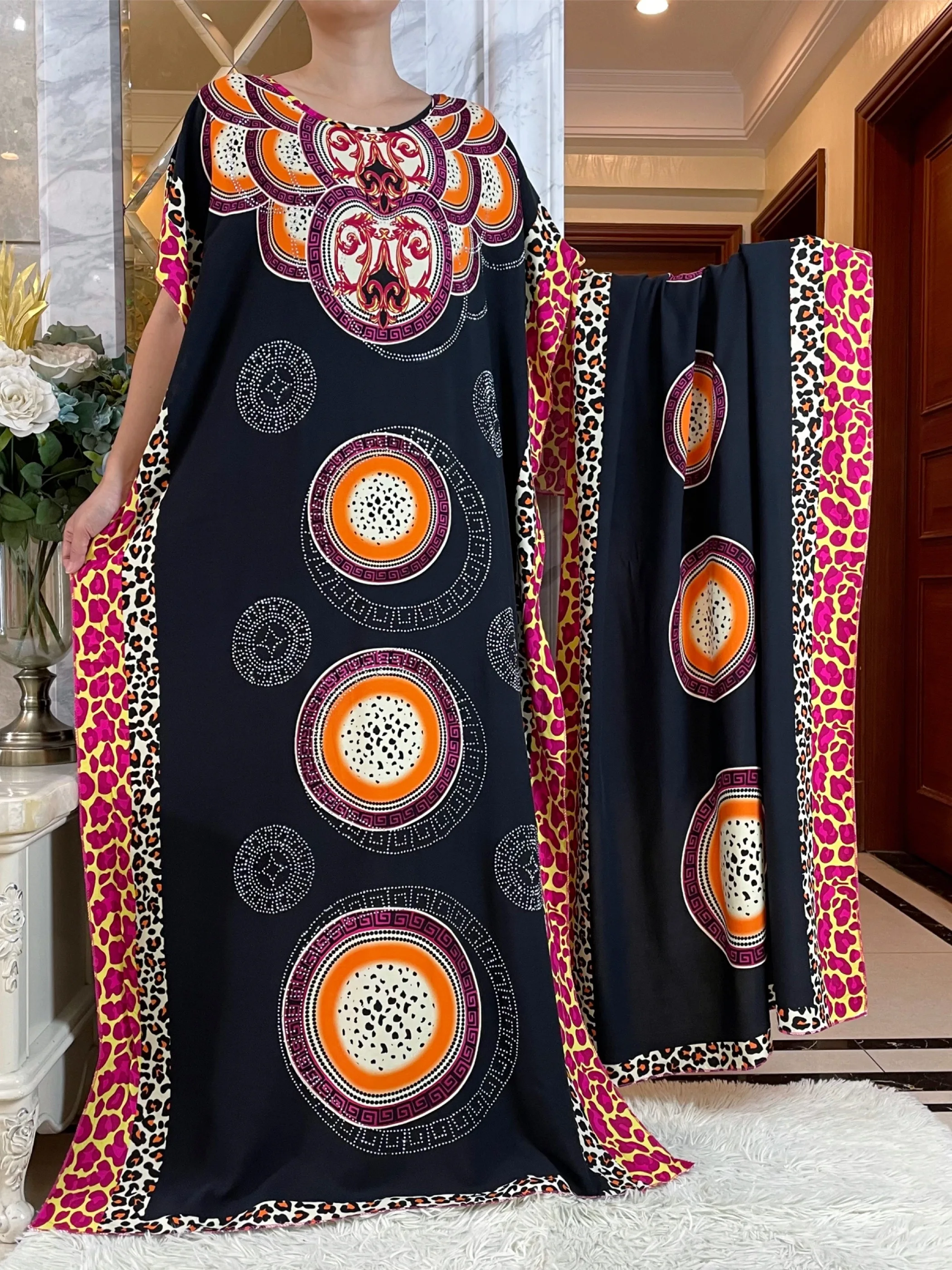

Dubai New Style Dress For Women Summer Short Sleeve Dress With Big Scarf Cotton Printing Loose Maxi Lady Islam Diamonds Abaya