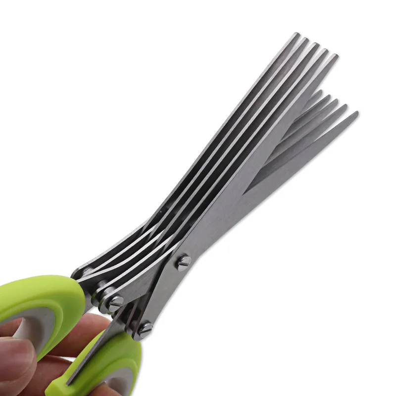 5-layer Green Scallion  Stainless Steel Sharp Salad Shears PP Handle Household Utility Kitchen Scissors With Cleaning Brush