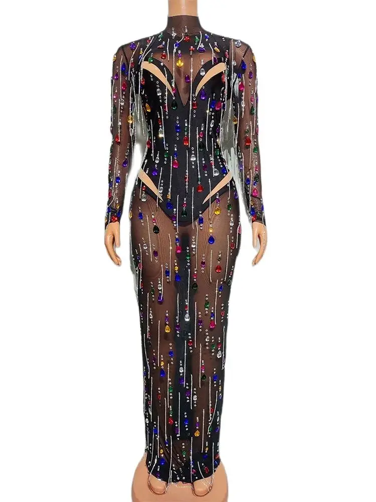 

High Quality Hot Diamond Studded Tassel Sexy Perspective Dress 2024 New Fashion Custom Women'S Clothing