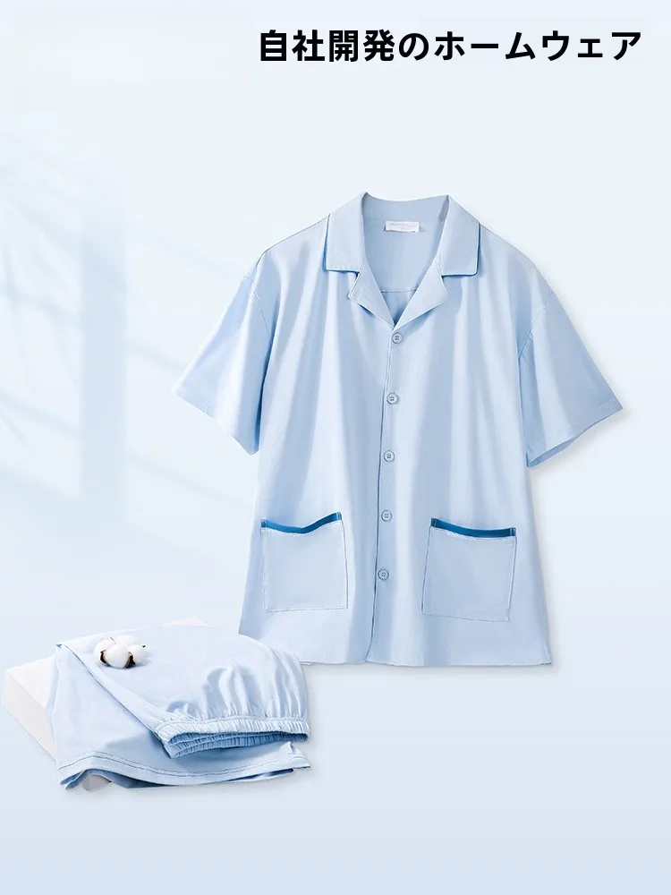 manjie-95-cotton-classic-collar-short-sleeve-five-part-pants-couples-home-clothes-wearable-cotton-soft-breathable-sleepwear-men