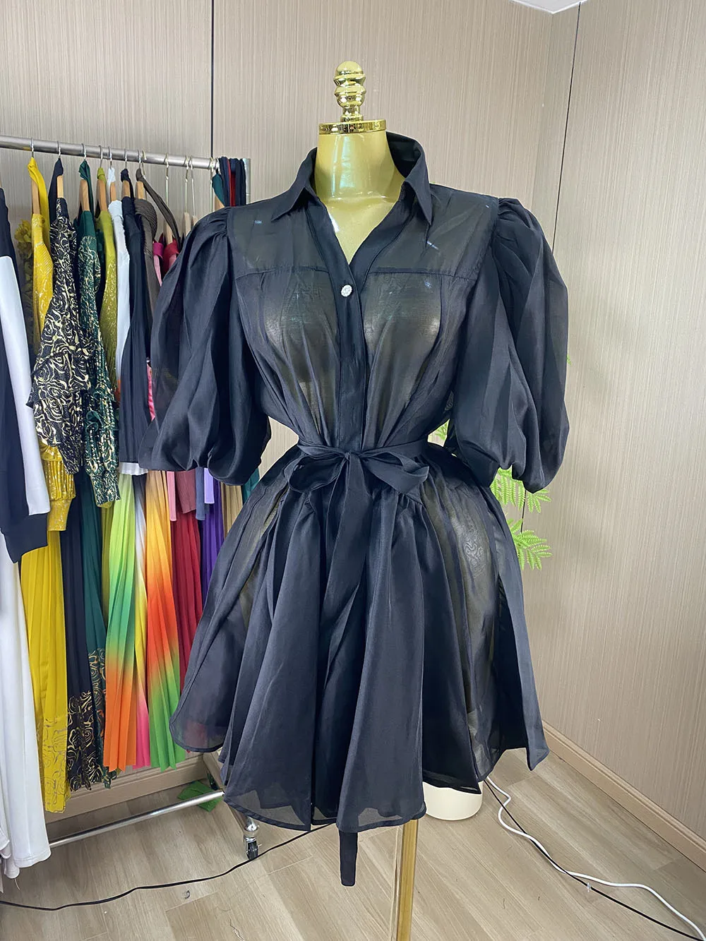 Vintage-style new arrival: single-breasted, puff-sleeve chiffon mini dress—loose, elegant, and casual.-GZXX442