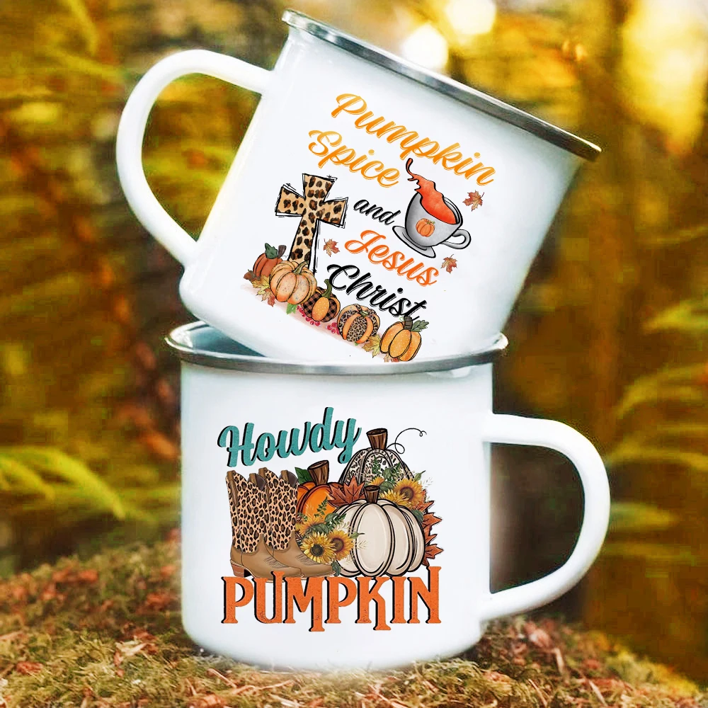 Hello Pumpkin Print Enamel Mugs Coffee Cups Fall Thanksgiving Party Juice Mug Handle Cup Autumn Holiday Gifts for Family Friends