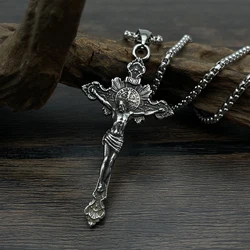 Vintage Jesus Cross Necklace Stainless Steel Chain Biker Amulet Orthodox Jesus Pendant Necklace Men Jewelry Gift Wholesale