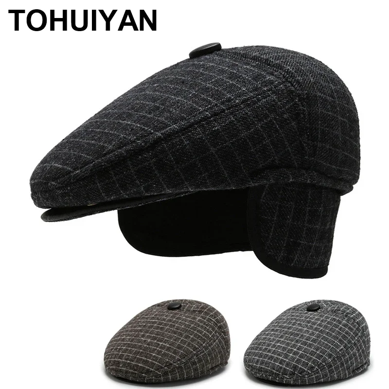 TOHUIYAN Woolen Newsboy Caps Men Fall Winter Warm Hat Outdoor Windproof Boinas Ivy Hats Gorras Planas Flat Cap Elderly Man Hat