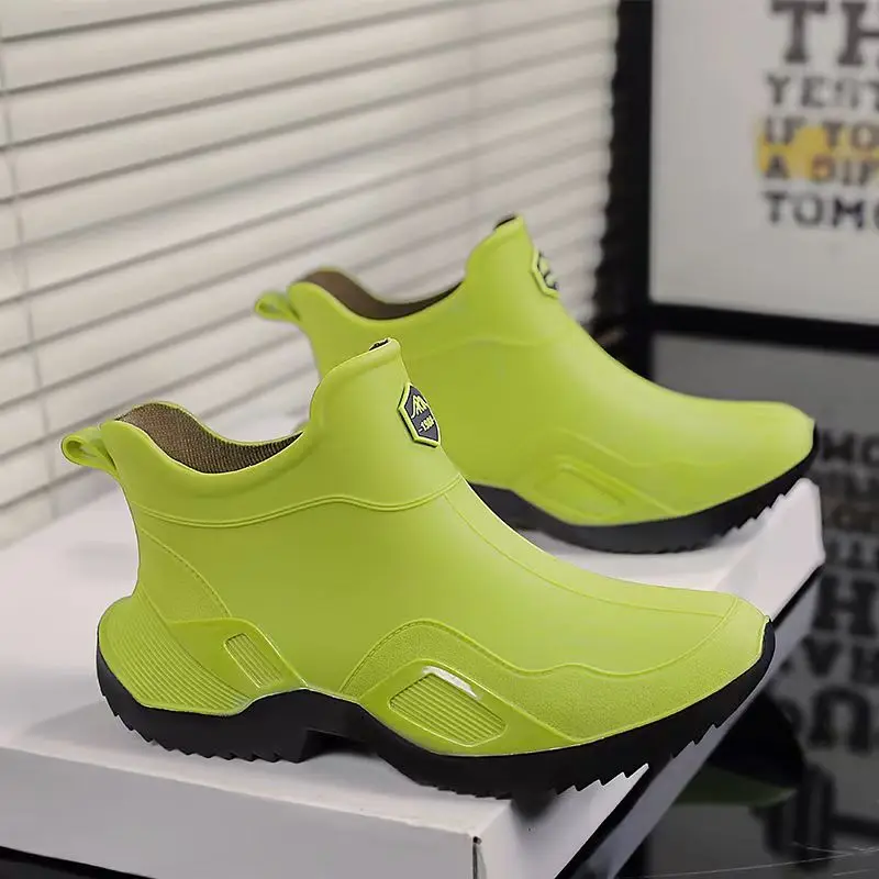 Spring Autumn New Men Big Size Ankle Rain Boots Thick Sole Round Toe Slip On Lovers High Top Waterproof Kitchen Work Shoes