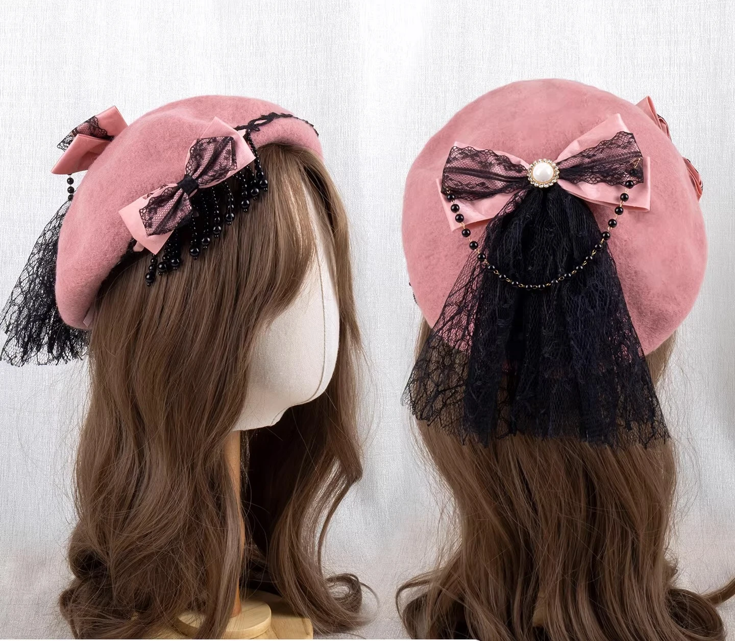 

Spring Autumn and Winter Japanese Kawaii Original Handmade Hat Y2K Sweet Removable Bow Pearl Wool Blend Warm Versatile Girl Hat