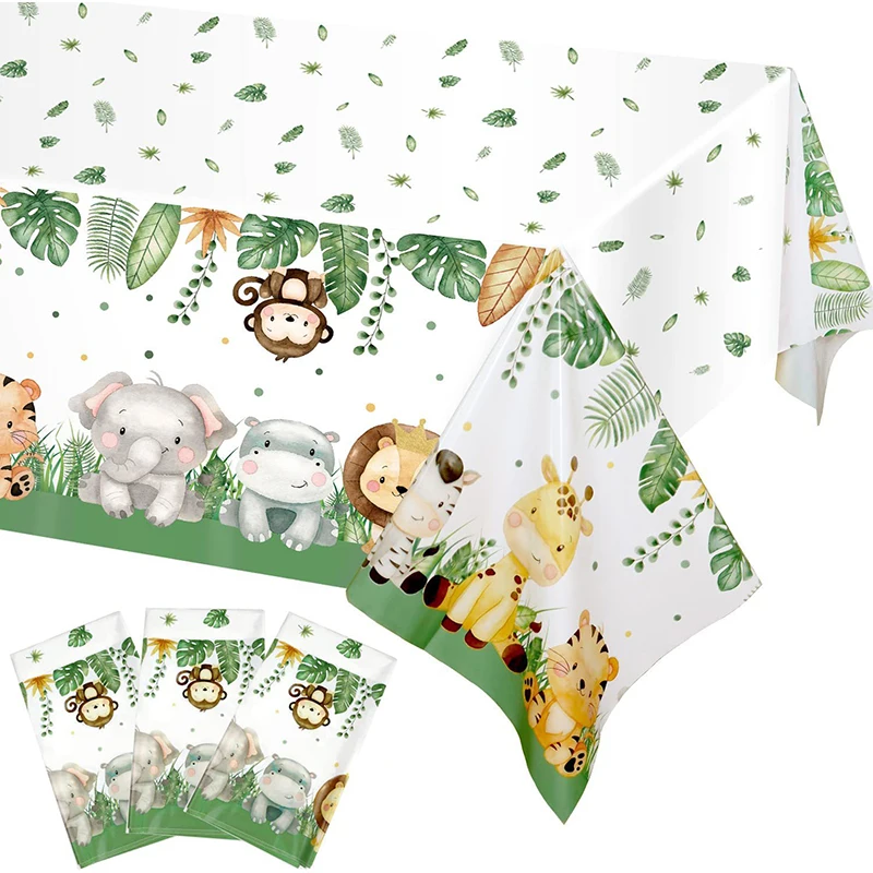 Jungle Animal Tablecloth 1st Birthday Party Decoration Palm Leaves Tablecloth Cups Plate Wild One Jungle Safari Birthday Party