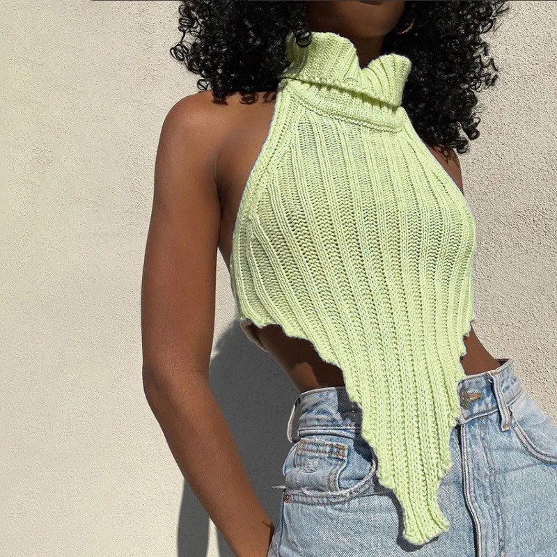 2022 Autumn New Sexy Backless Solid Color High Neck Irregular Women Knitted Vest Sweater Lady Garment Vest Waistcoat White