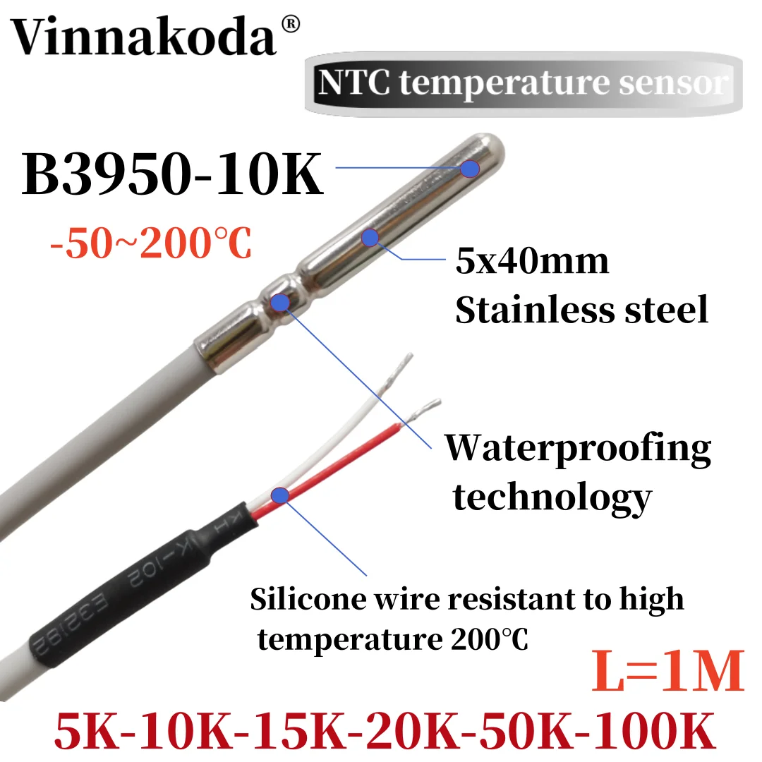 NTC 10K 5x40mm doppio rullo cingolato sonda di temperatura impermeabile filo di Silicone resistenza alla temperatura 200 gradi B3950 1% 1M