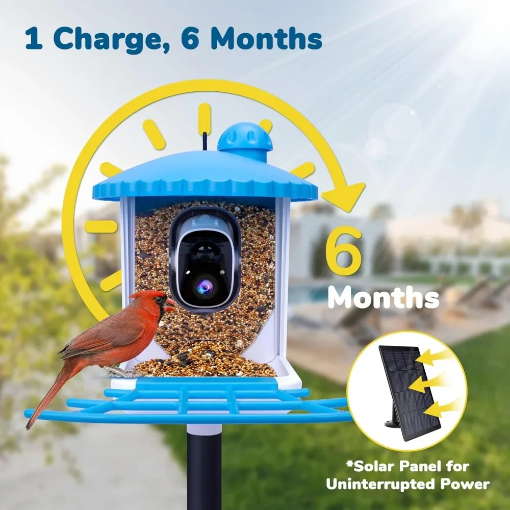 Bird Feeder with Camera, 1080P HD Bird Video Capture, 5000mAh Battery with Solar Panel, Instant Arrival Alerts, Live View