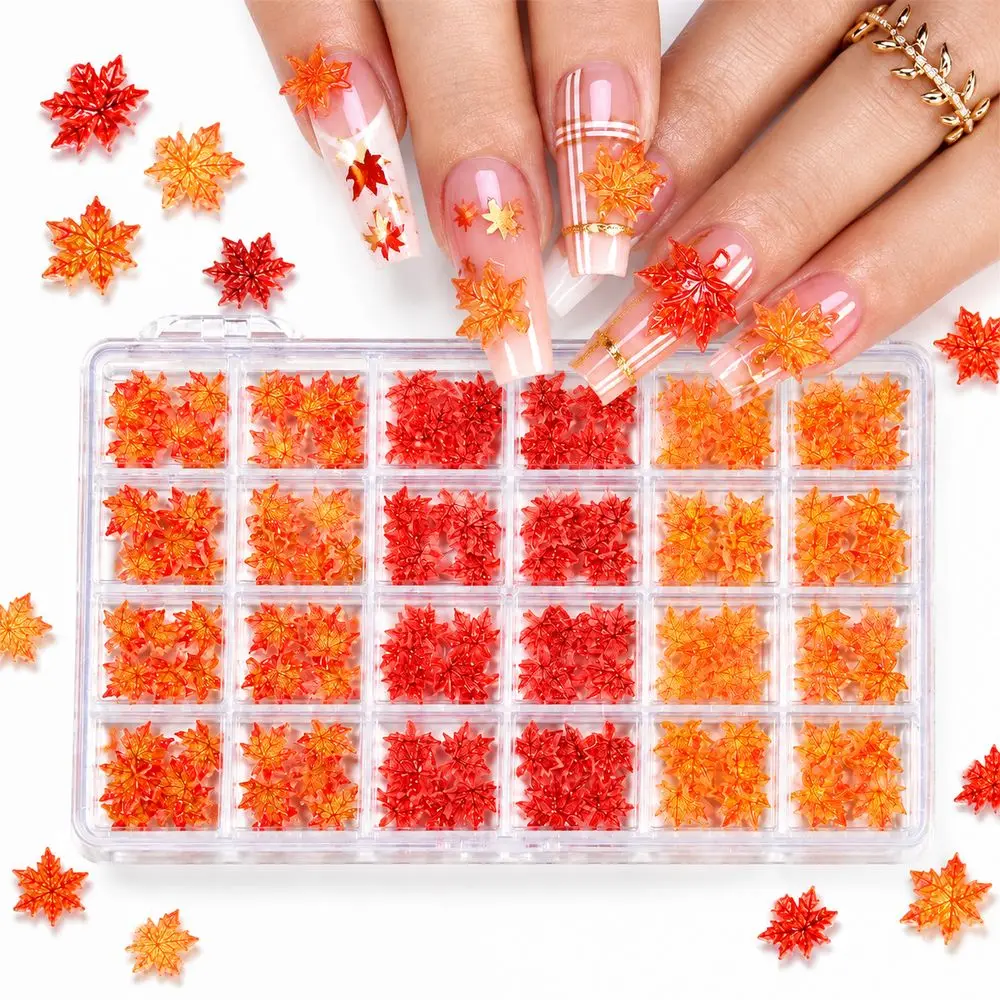 24Grids Shiny Nail Decorations Fall Maple Leaf 3D Resin Red Orange Yellow Gradient Glitter Nail Charms for Nail Art Decor