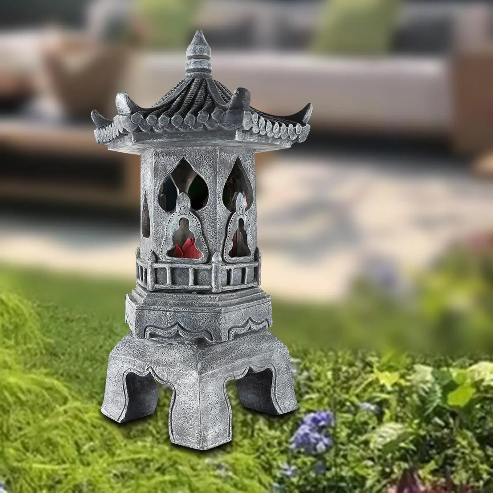 

Pagoda Garden Statue, Solar Large Statues Light Stone Finish Sculpture Resin