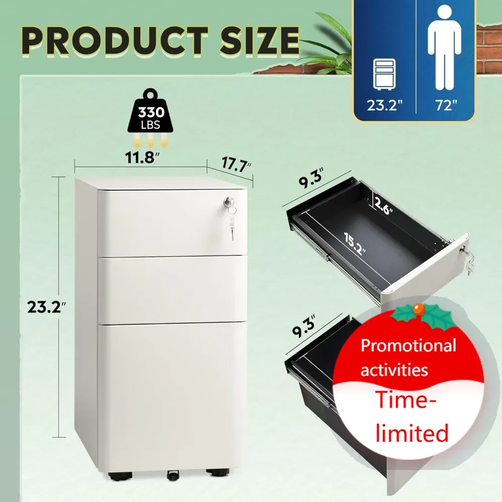 

3-drawer slim vertical file cabinet, fully assembled except casters, legal/letter size, white