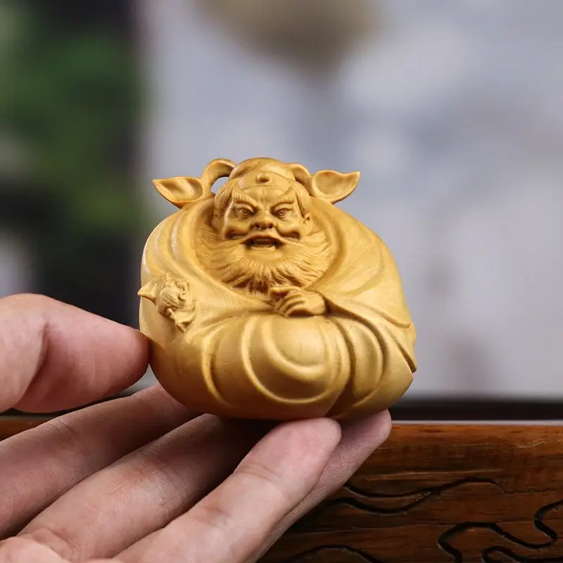 Huang Yang Wood Carving Lucking Blessed Zhong Kui Tianshi Handheld Piece Solid Wood Figure Artwork  Home Decoration Ornaments