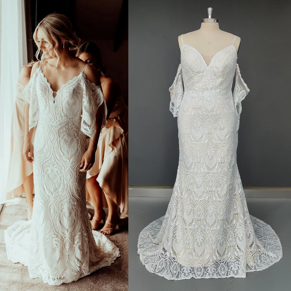 Robe de Mariée Rustique Personnalisée en Dentelle Style Sirène, Tenue à Manches sulf, Dos aux, Col en V, Photos Réelles, Patients Nus