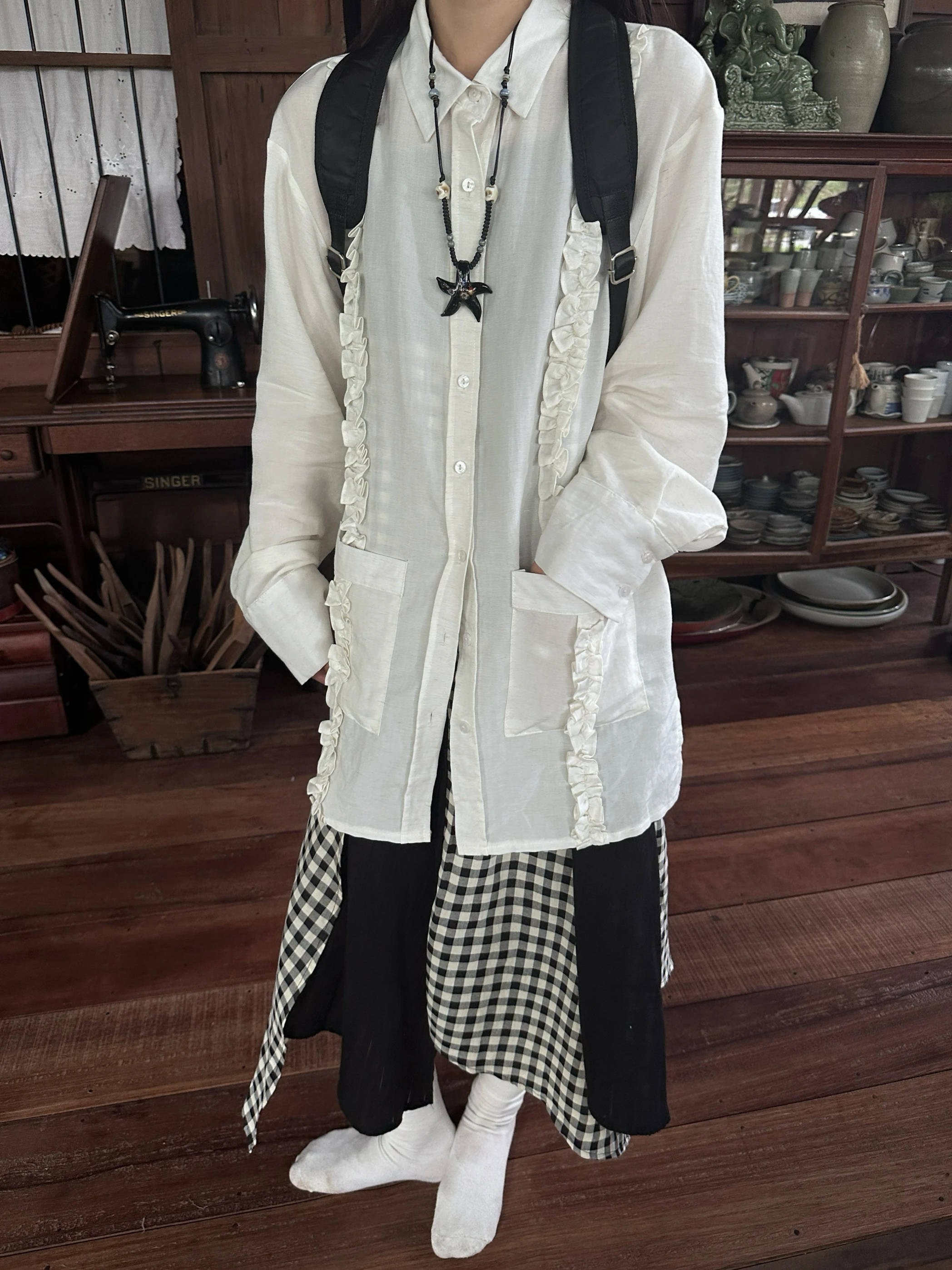 

Cool Sun Protection Loose Women's irt with Big kets Floral Trim Long Sve Collar Mid-Length Summer Casual irt