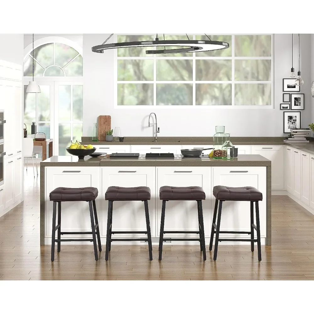 Folding Chair for Kitchen Bar Kitchen Counter Height Saddle Bar Stools With Faux Leather Seat Padding Dining Room Brown- Black