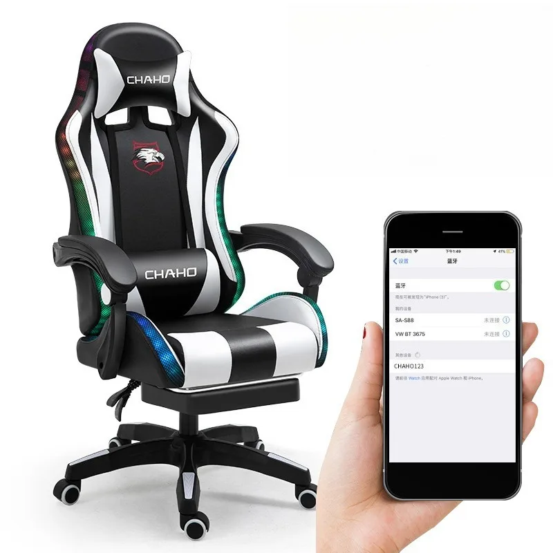 Sedia da gioco Altoparlante Rgb Ufficio PC Sedia da gioco per computer Sedia da corsa con luce a LED completamente nera con telecomando