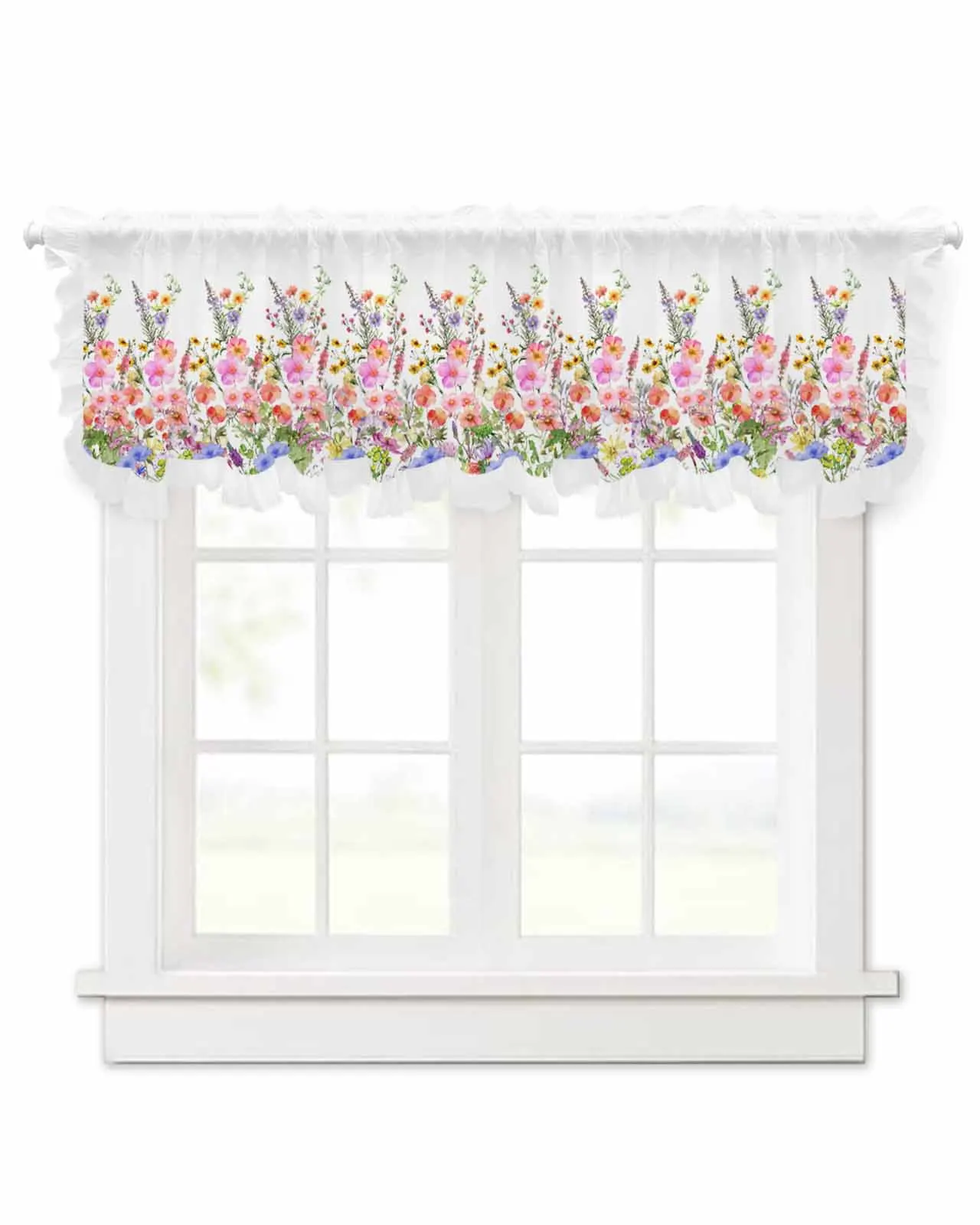 Flower Watercolor Hand Painted Short Tulle Half Curtains for Living Room Kitchen Door Cafe Window Sheer Valance Drapes