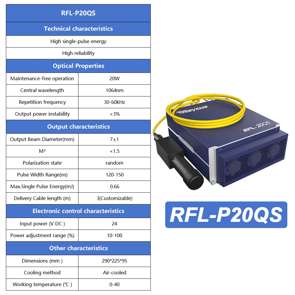

Лазерный источник Raycus 20 Вт RFL-P20QS RFL-P20QB RFL-P20QE 20 Вт Импульсный волоконный лазер с Q-переключателем для волоконного лазерного сварочного аппарата