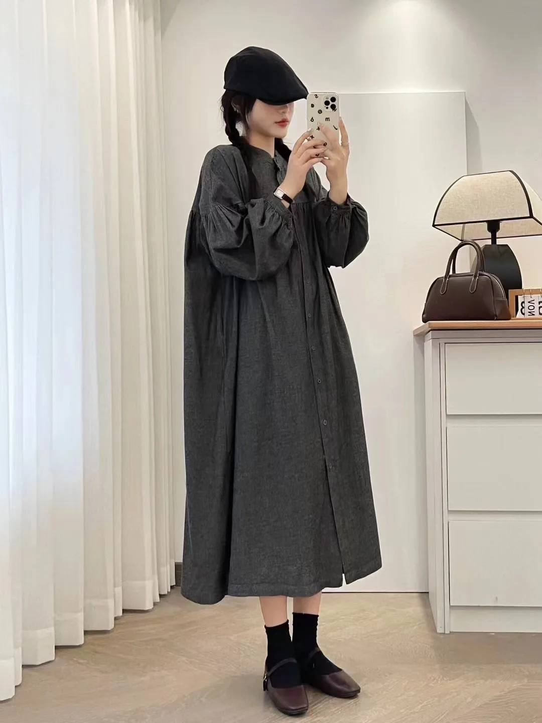 일본 빈티지 모리 소녀 솔리드 컬러 싱글 브레스트 셔츠 드레스 여성 가을 ​​스탠드 칼라 긴 랜턴 슬리브 캐주얼 드레스