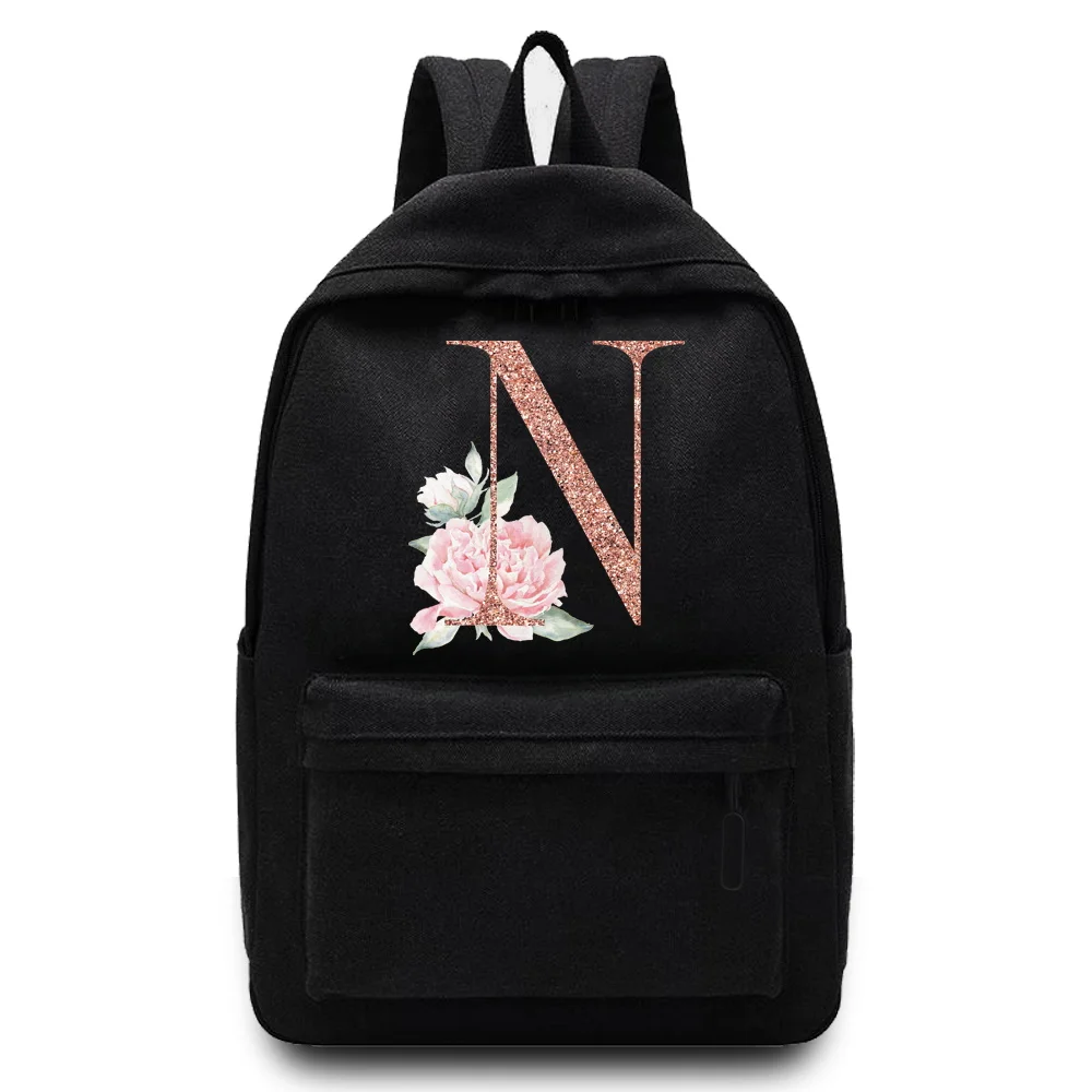 Zaino unisex con nome stampato con lettera in oro rosa Borsa posteriore leggera per borse da scuola da uomo Zaino da viaggio elegante per notebook da 15,6 pollici