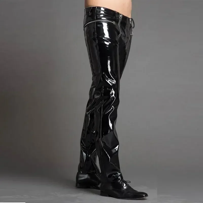 Men Sexy Low Waist Patent Leather Pants Zip Shiny Stretch Pvc Bodycon Trousers Party Clubwear Dance Pole Performance Pant Custom