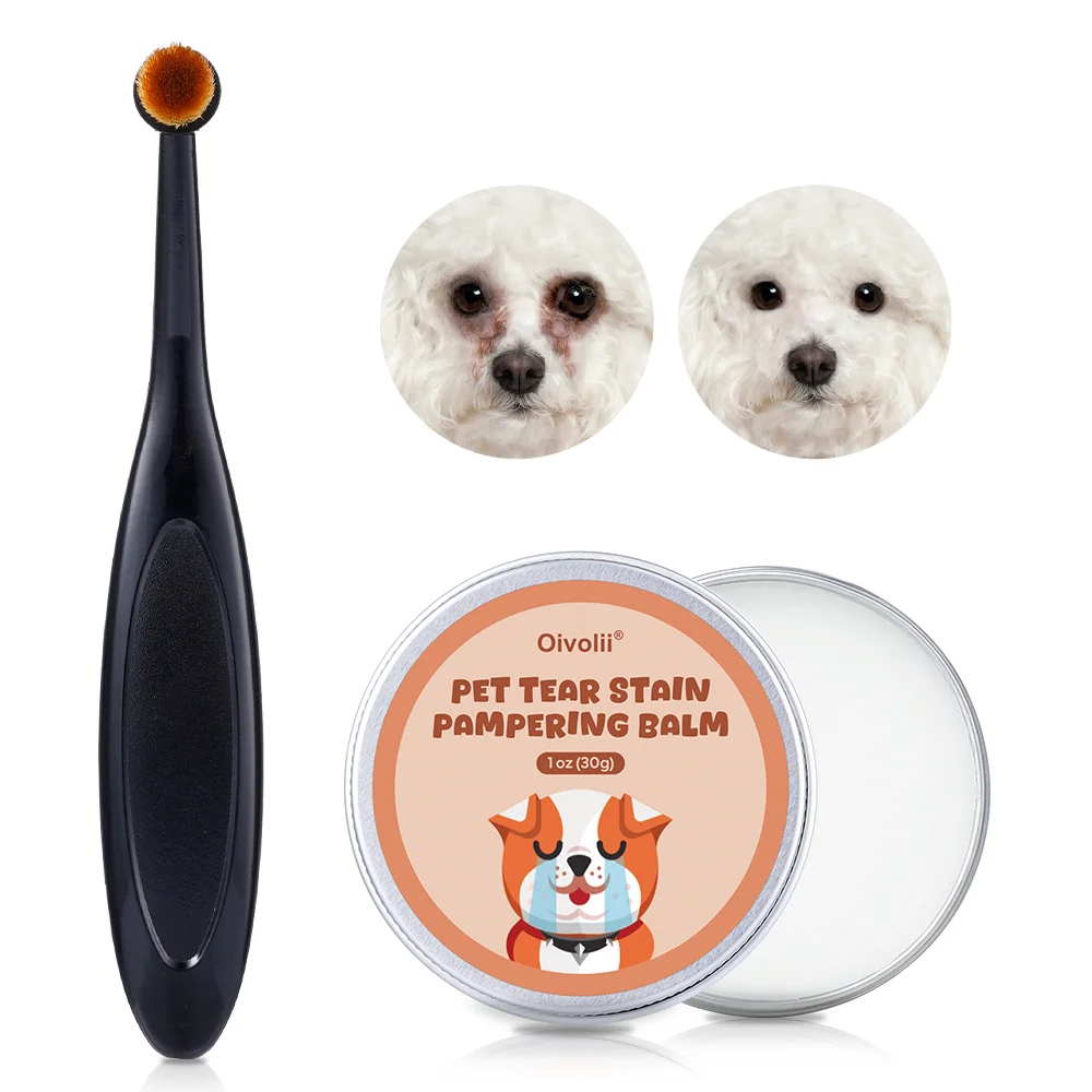 Bálsamo removedor de manchas de lágrimas para animais de estimação, com escova, limpador de olhos suave para cães e gatos, reduz manchas de lágrimas, seguro, não irritante, cuidados com os olhos de animais de estimação