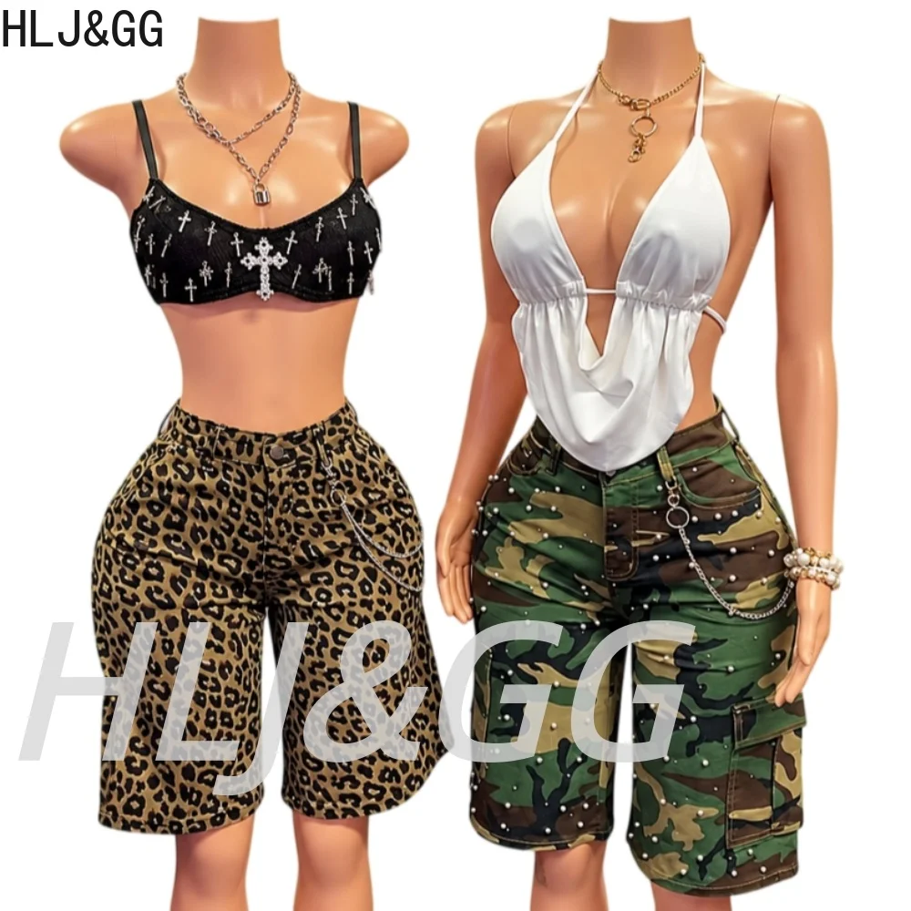 HLJ&GG Women Y2K 2pcs Outfit Set Sexy Rhinestone Cross Cami Halter Crop Top Halter Camo Rivet Cargo Shorts Streetwear Clubwear