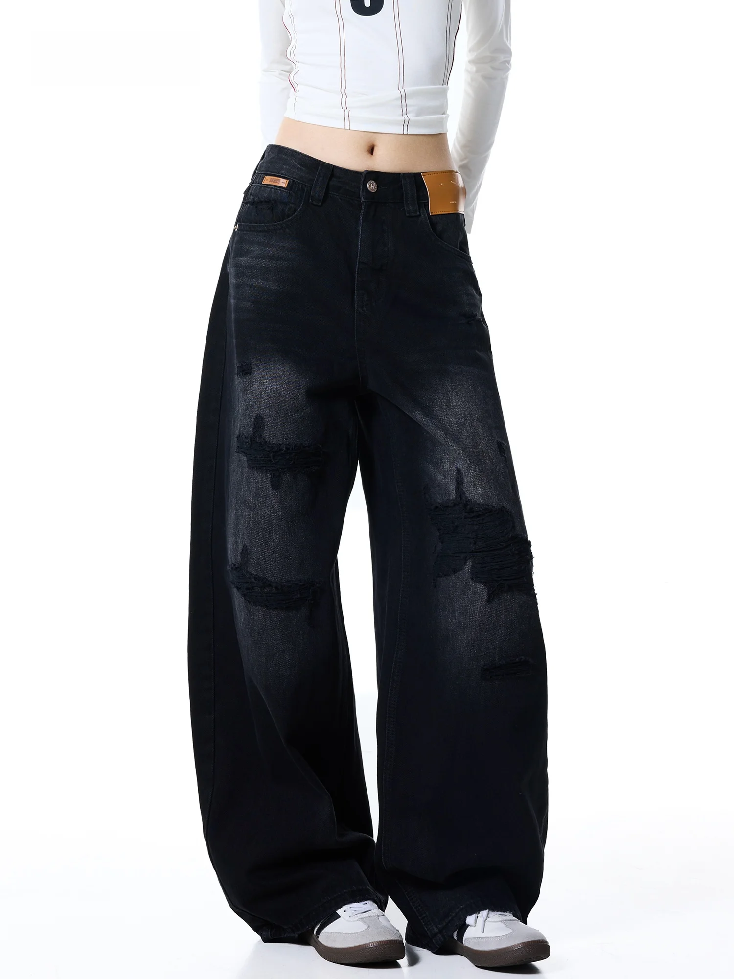Retro Distressed Wide Leg Jeans Women Loose Slim High Waist Long Pants Trendy Knife  Design Comfortable Breathable Denim
