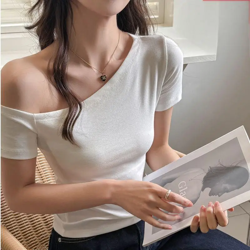 

Women Summer Sexy Hottie Off Shoulder Solid Color Short Sleeve T-Shirt Ladies Fashion Temperament All-match Office Lady Tops