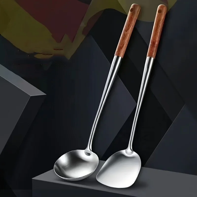 304 Stainless Steel Spatula Spoon with Wooden Handle Lengthened Cooking Spoon Anti-Scalding Cooking Shovel Kitchenware
