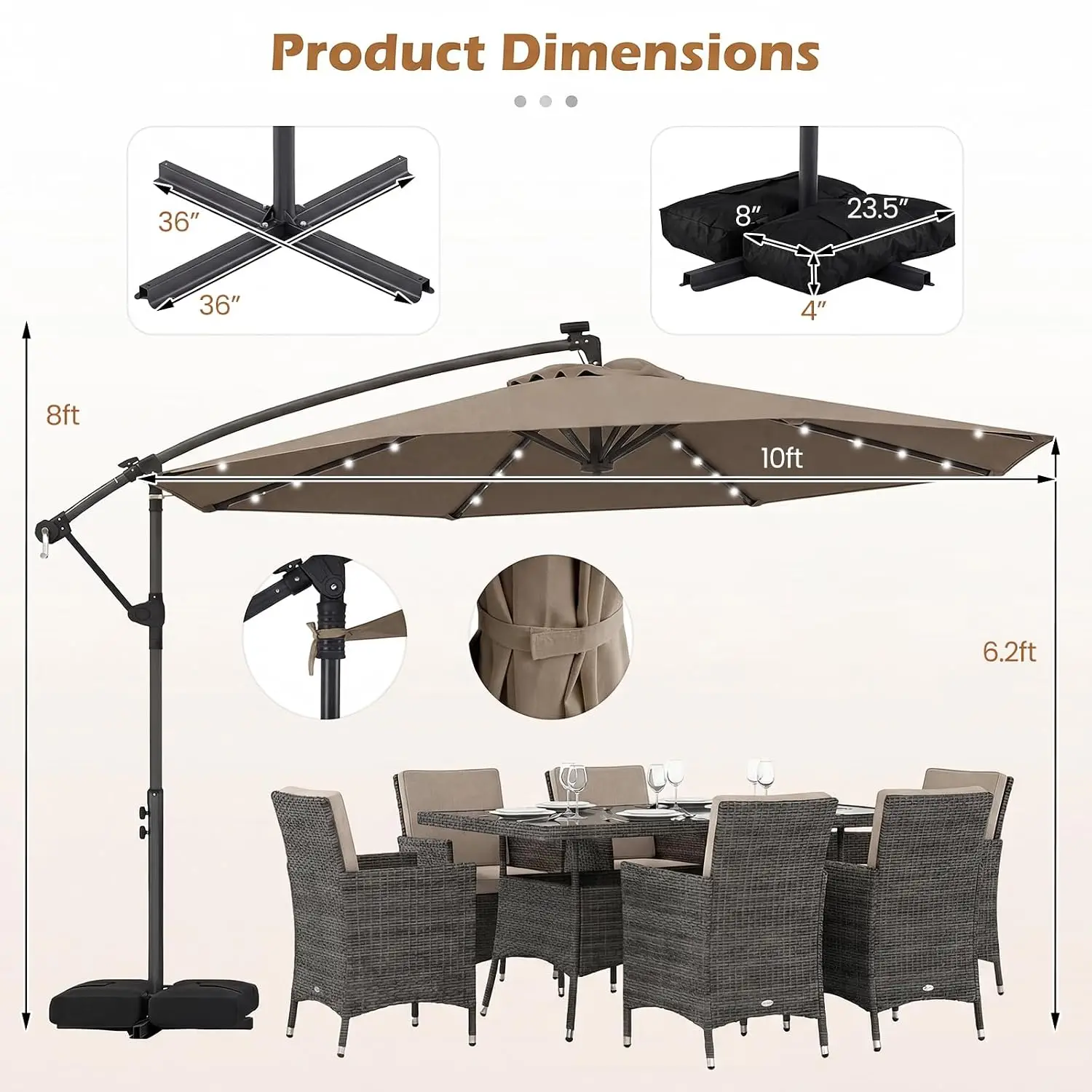 10ft Solar Patio Umbrella with Base Included, Offset Cantilever Outdoor Umbrella with 32 LED Lights, 360 Degree, Customized