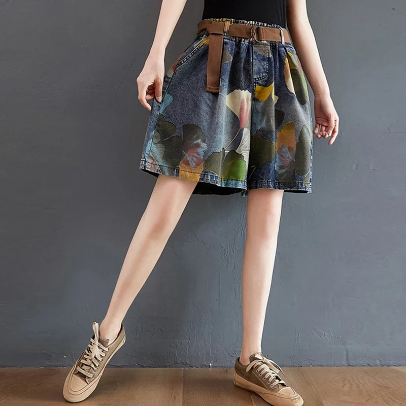 Women High Quality Large Size Loose Printed Denim Shorts Casual Oversize Summer Retro Wide Leg Pants
