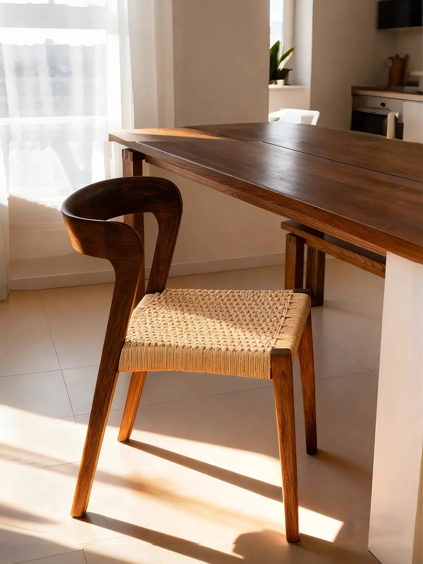 French vintage solid wood rattan dining chair coffee chair with stackable cord and woven backrest
