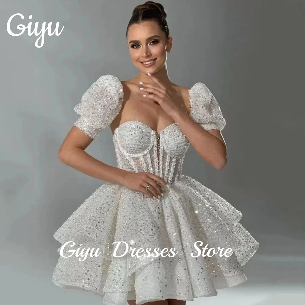 Giyu-Robe de Mariée Courte et Luxueuse à Paillettes pour Femme, Tenue de Soirée Personnalisée avec Perles et Manches Bouffantes, 2025