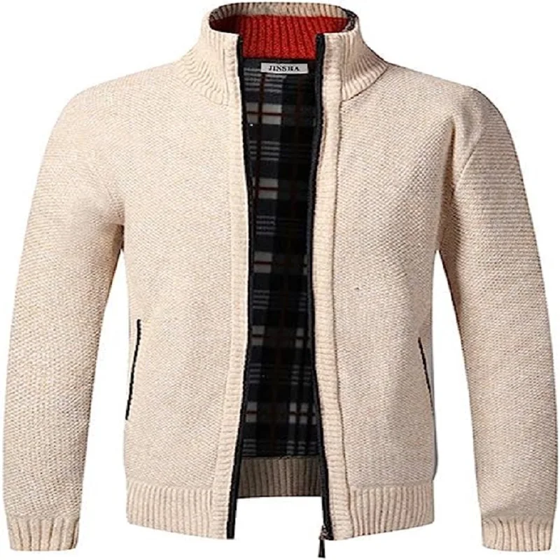 Mens Knitted Cardigan Thick Sweater Full Zip Stand Collar Warm Jumper Fleece Lined Winter Coat