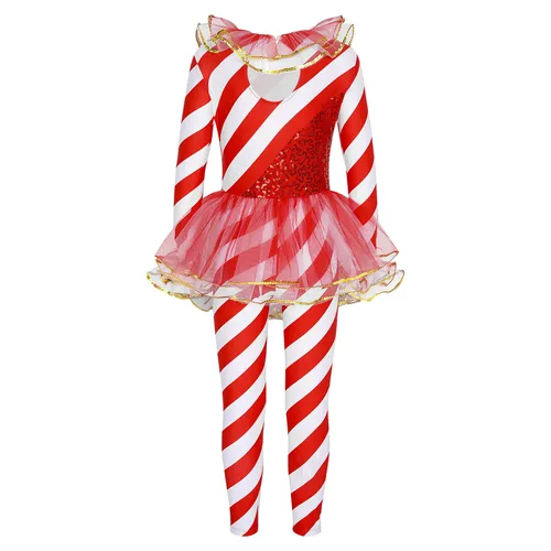 Imagen 2 del producto Traje de Navidad de bastón de caramelo para niños y niñas, mono de baile de Santa Sweetie con lentejuelas de una pieza para fiesta navideña