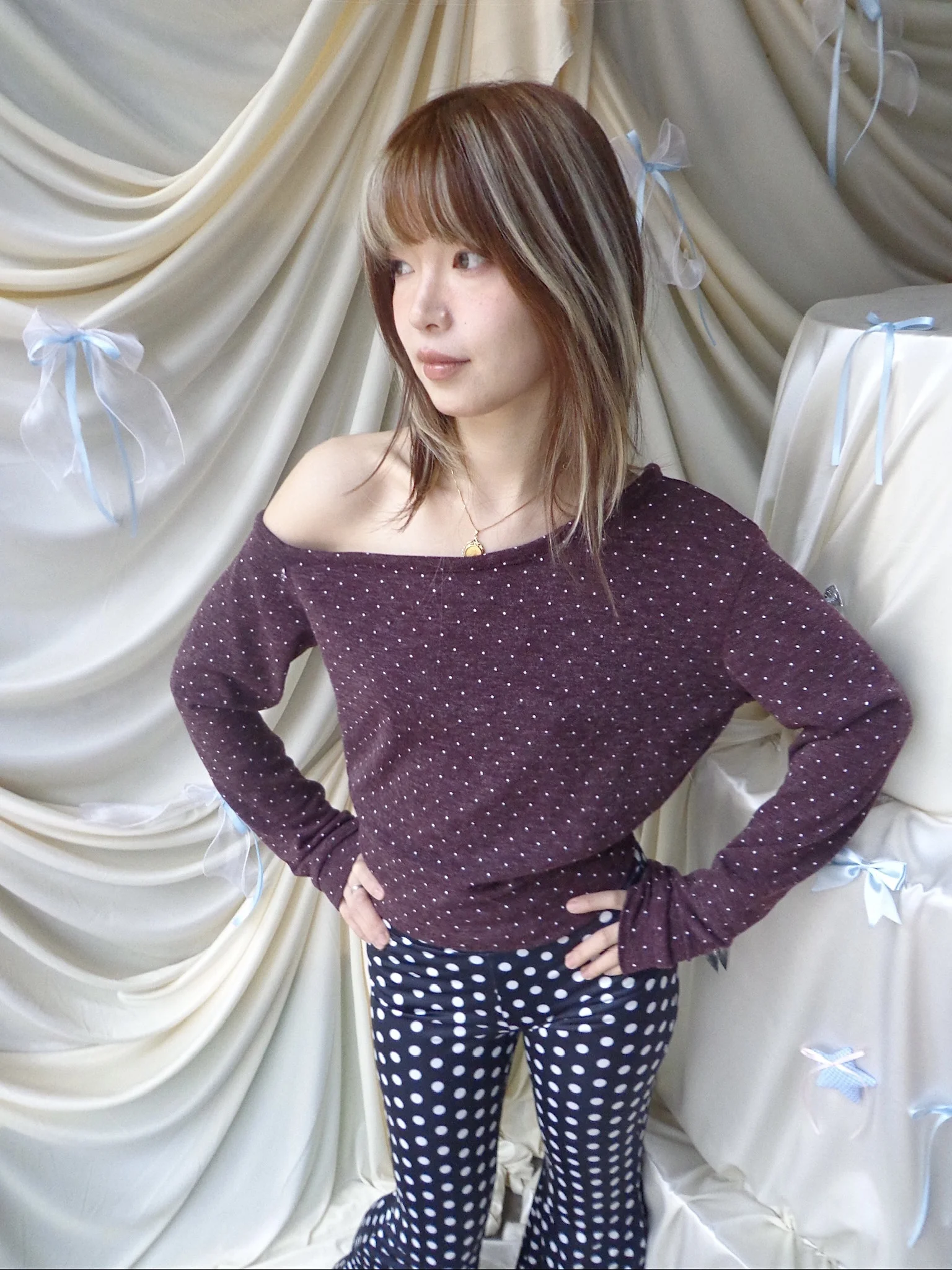 

Slim Fit Polka Dot Long Sve One oulder T-irt Women's Base Layer Faionable Slimming Boting irt Top