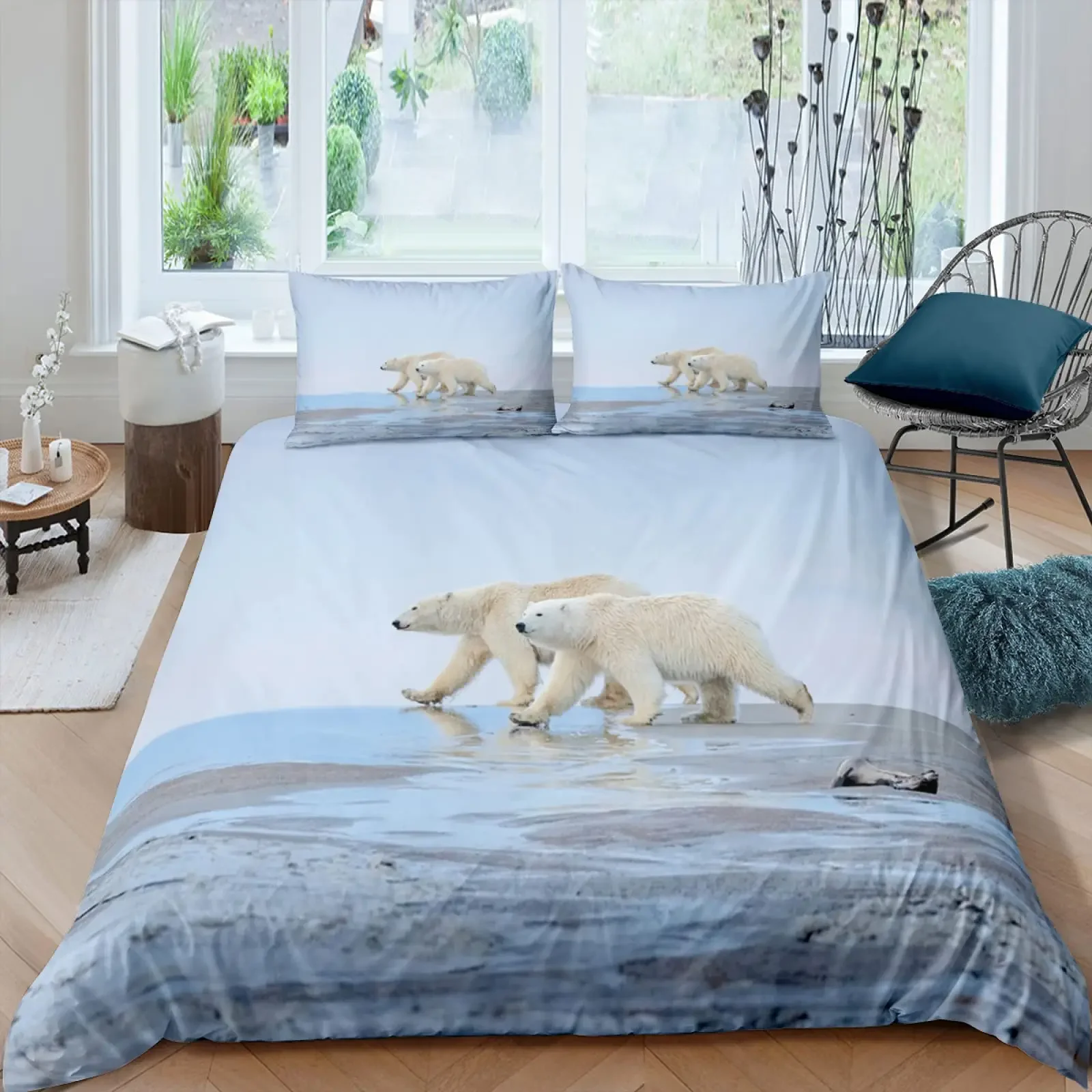 Polar Bear Duvet Cover 3D Lovely White Arctic Animals Kids Teens Women Wildlife Arctic Scenery Theme Quilt Cover Room Decoration