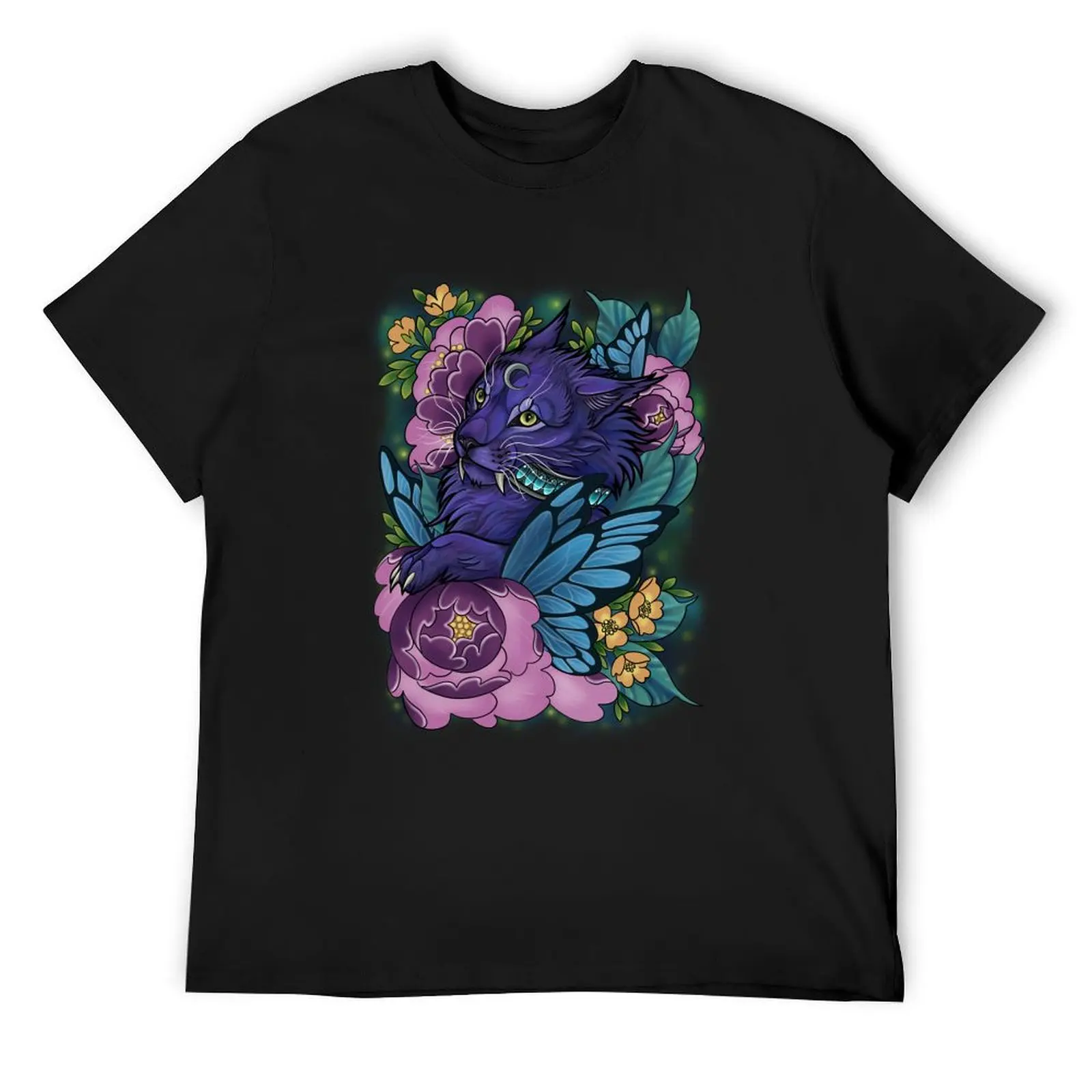 Night elf druid magical cat with flowers and butterflies T-Shirt blanks customizeds graphic t shirts mens plain t shirts